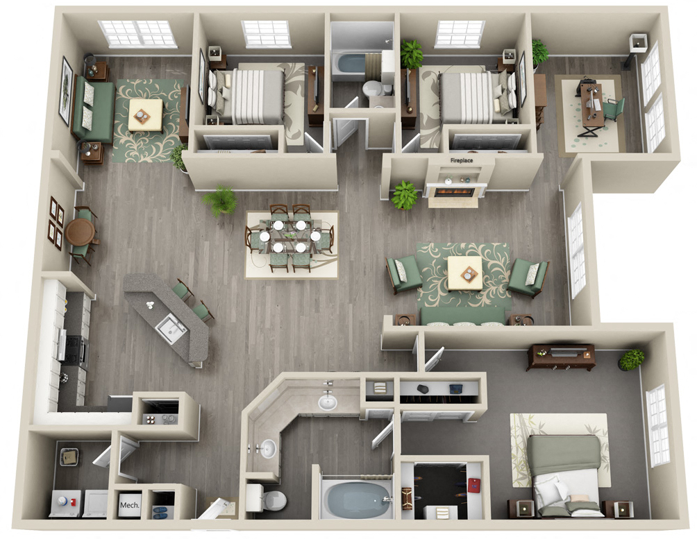 Floor plan for 3 beds, 2 baths, 1800 sqft